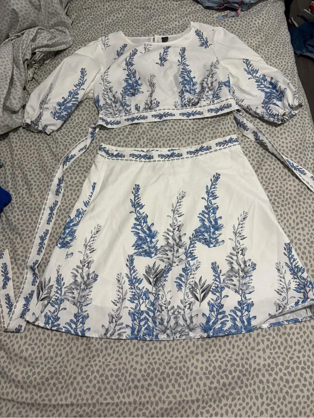 White & Blue Floral Two-Piece Skirt Set